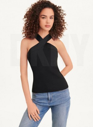 Black DKNY Sleeveless Crossover Women's Sweaters | USA-D1078