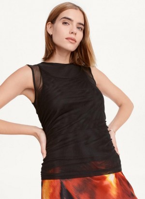 Black DKNY Sleeveless Double Mesh Layer Women's Tank Tops | USA-D1168