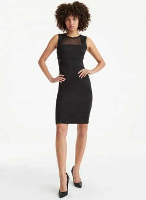 Black DKNY Sleeveless Scuba With Mesh Midi Women's Dresses | USA-D1781