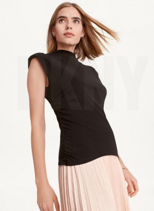 Black DKNY Sleeveless Side Ruch Women's Tank Tops | USA-D0307