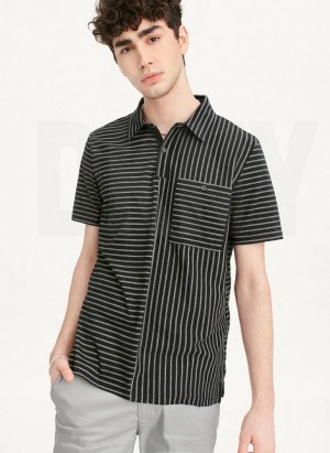 Black DKNY Slub Jersey Stripe Polo Men's T Shirts | USA-D0593