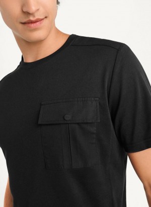 Black DKNY Solid Pique Crewneck Men's T Shirts | USA-D1174