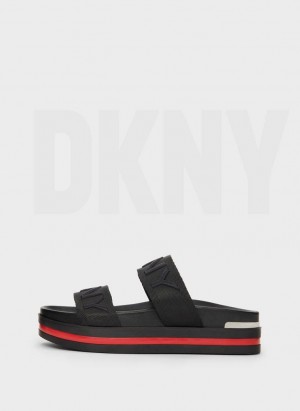 Black DKNY Tee Double Band Shoes Slides | USA-D1162