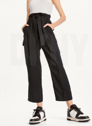 Black DKNY Tie High Waist Tapered Women's Pants | USA-D0529