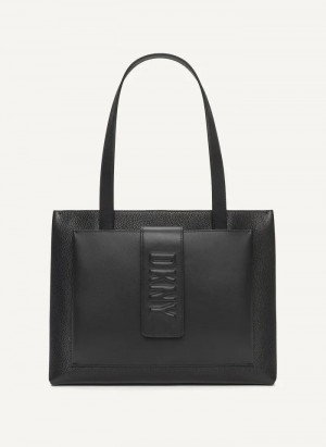 Black DKNY Uptown Leather Large Bags Tote Bags | USA-D1617