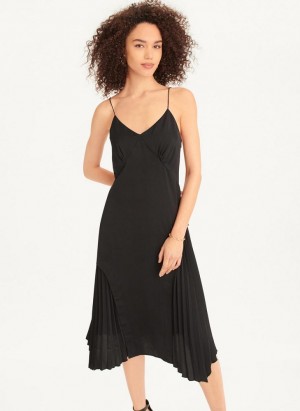 Black DKNY V-neck Asymmetrical Pleated Women's Dresses | USA-D0783