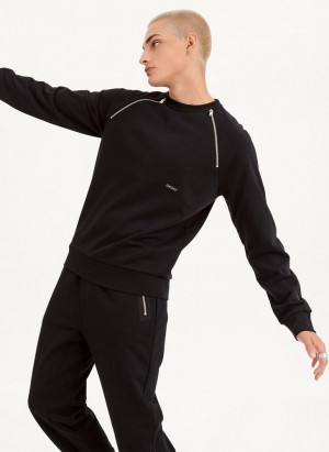 Black DKNY Zipper Detail Crewneck Men's Sweatshirts | USA-D1633