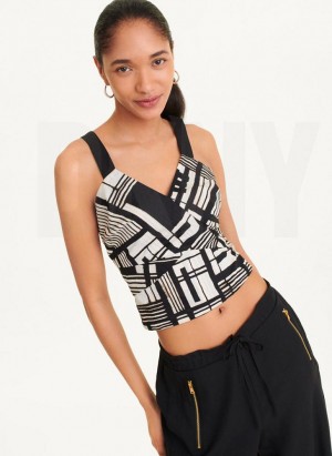 Black Multicolor DKNY Printed Voile Crop Women's Tank Tops | USA-D0996