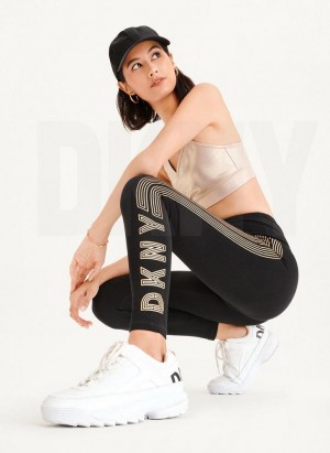 Black / Gold DKNY High Waist Full Length High Density Logo Women's Leggings | USA-D1669