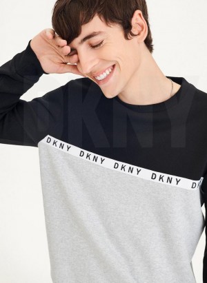 Black / Grey DKNY Logo Fleece Crew Men's Sweatshirts | USA-D0791