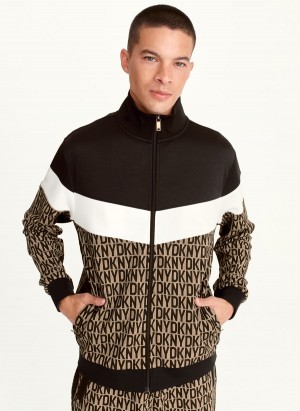 Black / Khaki DKNY Colorblock Logo Track Jacket Men's Sweatshirts | USA-D1520