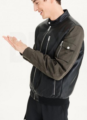 Black / Olive DKNY Mixed Media Faux Leather Bomber Men's Jackets | USA-D0221