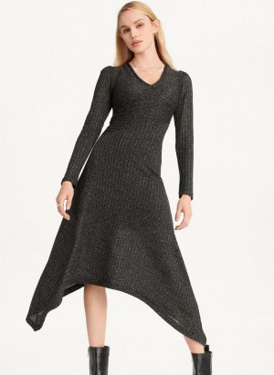 Black / Silver DKNY Sparkle Ribbed Midi Women's Dresses | USA-D1757