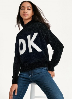 Black / White DKNY Chunky Chenille Logo Women's Sweaters | USA-D0524