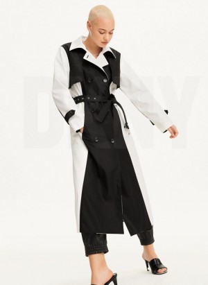 Black / White DKNY Colorblock Crinkle Trench Women's Jackets | USA-D1513