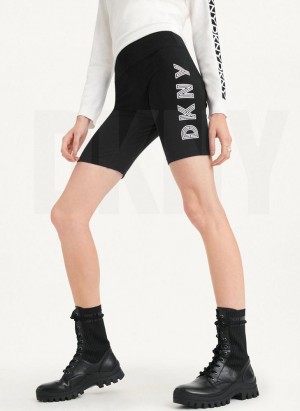 Black / White DKNY High Waist Track Logo Bike Women's Shorts | USA-D1410
