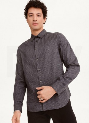 Black / White DKNY Long Sleeve Interlocking Logo Men's Shirts | USA-D0694