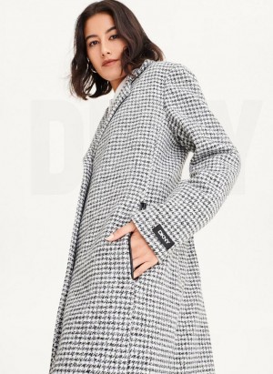 Black / White DKNY Plaid Wool Women's Coats | USA-D1338