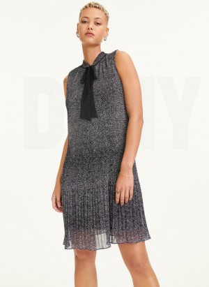 Black / White DKNY Sleeveless Pleated Tie Neck Women's Dresses | USA-D0141