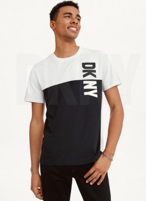 Black / White DKNY Split Logo Crewneck Men's T Shirts | USA-D1496