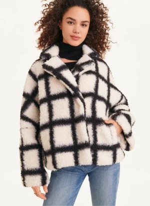 Black / White DKNY Windowpane Sherpa Women's Jackets | USA-D1851