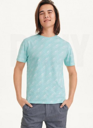 Blue DKNY Allover Stripe Logo Men's T Shirts | USA-D1449