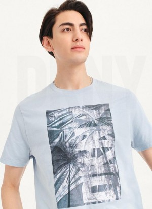 Blue DKNY Palm Distress Men's T Shirts | USA-D1529
