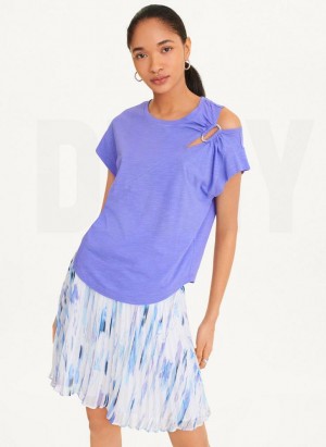 Blue DKNY Shoulder Cut Out Women's T Shirts | USA-D1200
