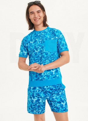 Blue DKNY Water Print Crew Men's T Shirts | USA-D0891