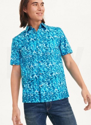 Blue DKNY Water Print Men's Shirts | USA-D1391