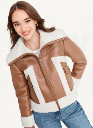 Brown DKNY Faux-Suede Shearling Trim Biker Women's Coats | USA-D1823
