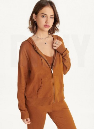 Brown DKNY Knit Women's Hoodies | USA-D0773