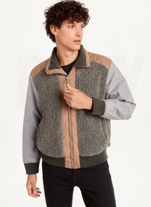 Brown DKNY Mixed Media Sherpa Bomber Men's Jackets | USA-D0108