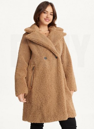 Brown DKNY Oversized Long Sherpa Women's Coats | USA-D1039