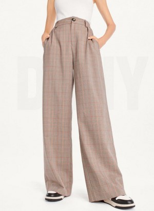 Brown DKNY Plaid Wide Leg Women's Pants | USA-D1595