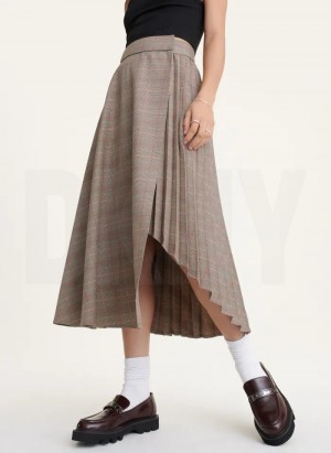 Brown DKNY Pleated Wrap Midi Women's Skirts | USA-D1913
