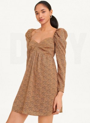 Brown DKNY Printed V-Neck Women's Dresses | USA-D1240
