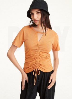 Brown DKNY Ruched Front Women's T Shirts | USA-D1120