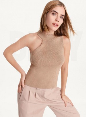 Brown DKNY Sleeveless Mock Neck Women's Sweaters | USA-D0339