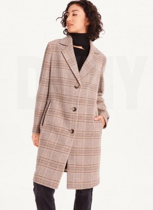 Brown / Black DKNY Brown Plaid Women's Coats | USA-D1430