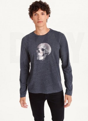 Dark Grey DKNY Pointilism Skull Men's T Shirts | USA-D0145