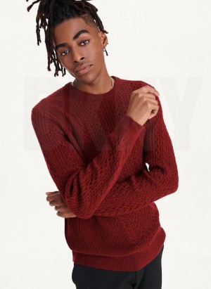 Dark Red DKNY Diagonal Cable Crew Men's Sweaters | USA-D1878