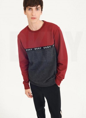 Dark Red DKNY Logo Fleece Crew Men's Sweatshirts | USA-D1096