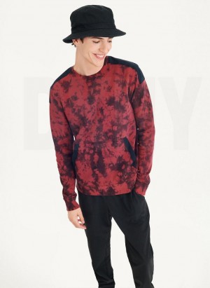 Dark Red / Black DKNY Long Sleeve Tie Dye Crewneck With Nylon Trim Men's Sweatshirts | USA-D0165