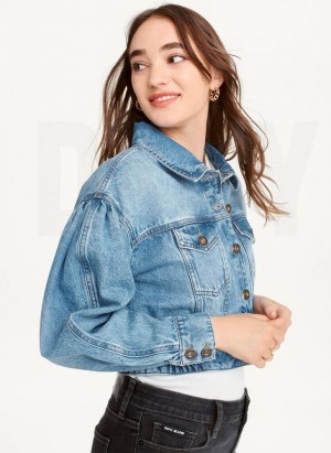 Dark Wash DKNY Puff Sleeve Denim Women's Jackets | USA-D1865