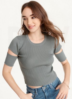 Green DKNY Cut Out Knit Women's T Shirts | USA-D0809