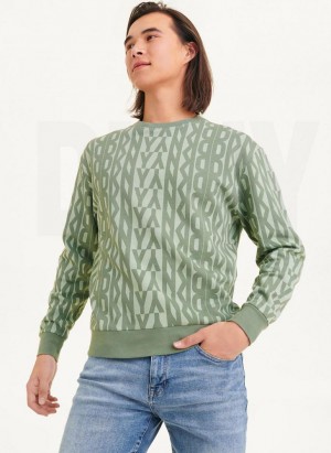 Green DKNY Exploded Allover Logo Crew Men's Sweatshirts | USA-D0882