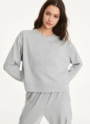 Grey DKNY Cotton Jersey Crew With Logo Embossing Women's Sweatshirts | USA-D0701