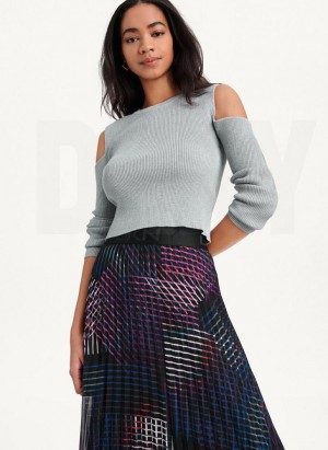 Grey DKNY Crewneck Cut Out Shoulder Women's Sweaters | USA-D0235
