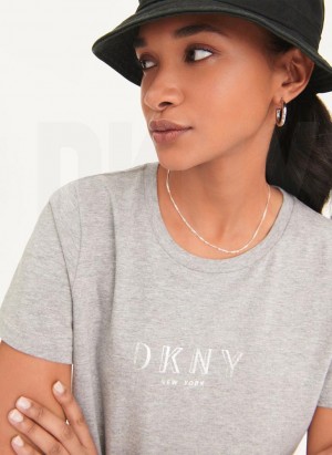 Grey DKNY Crinkle Foil Spec Logo Women's T Shirts | USA-D0995